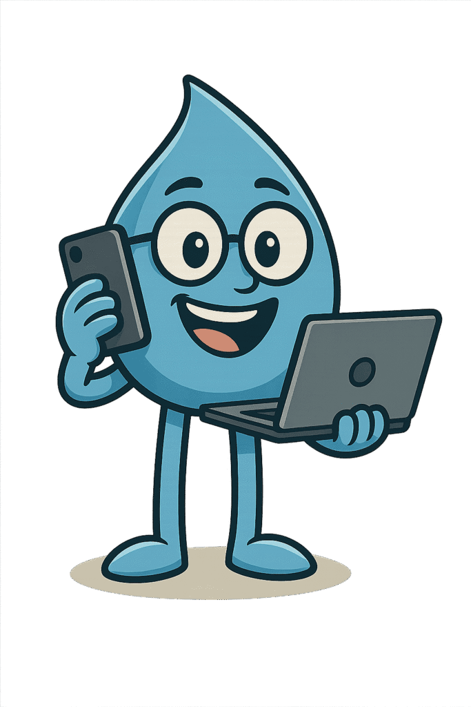 Home 2 a cartoon of a water drop holding a laptop and phone